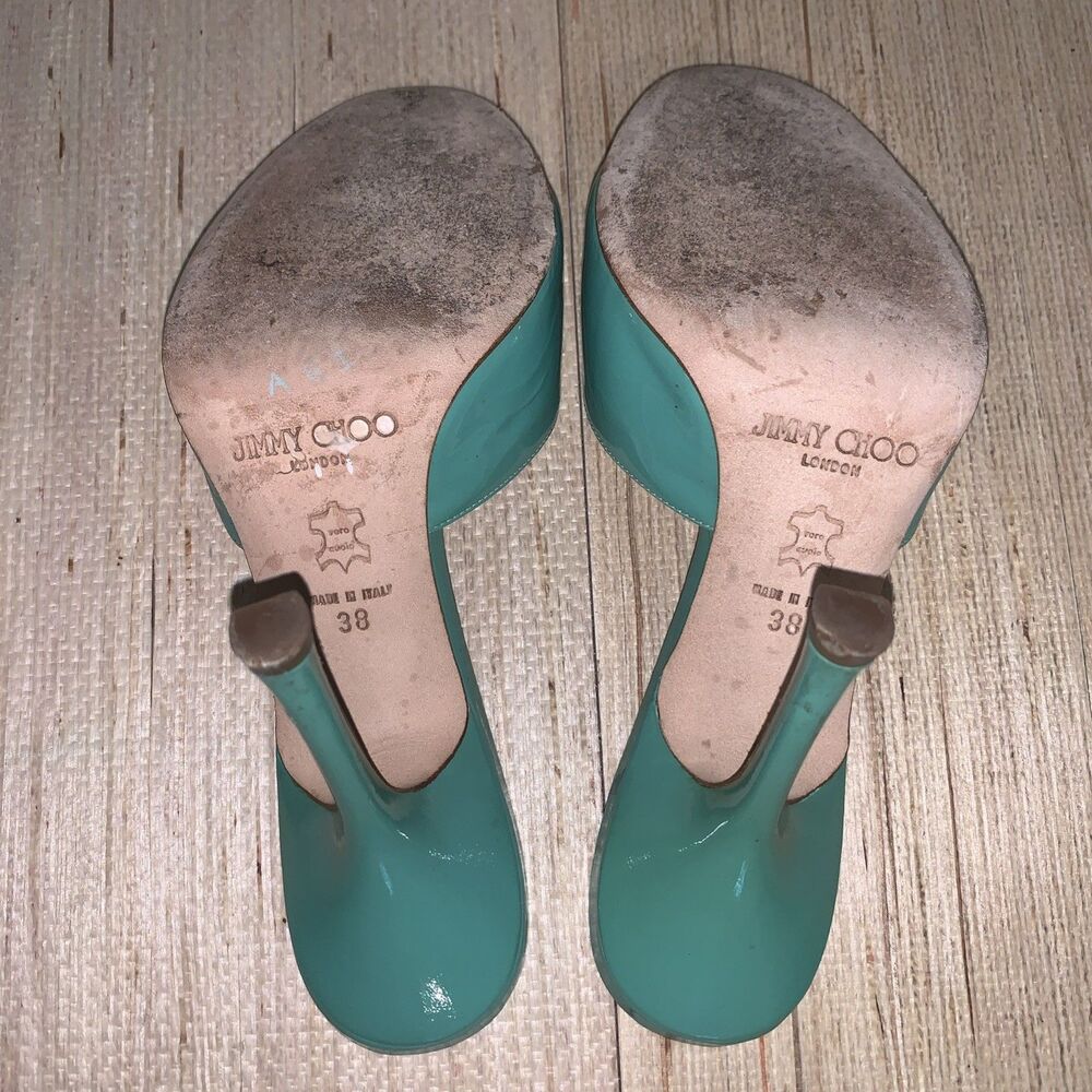 Jimmy Choo Turquoise/Green Patent Leather Sandals Preppy Office Womens 8 EU 38 - Picture 8 of 16